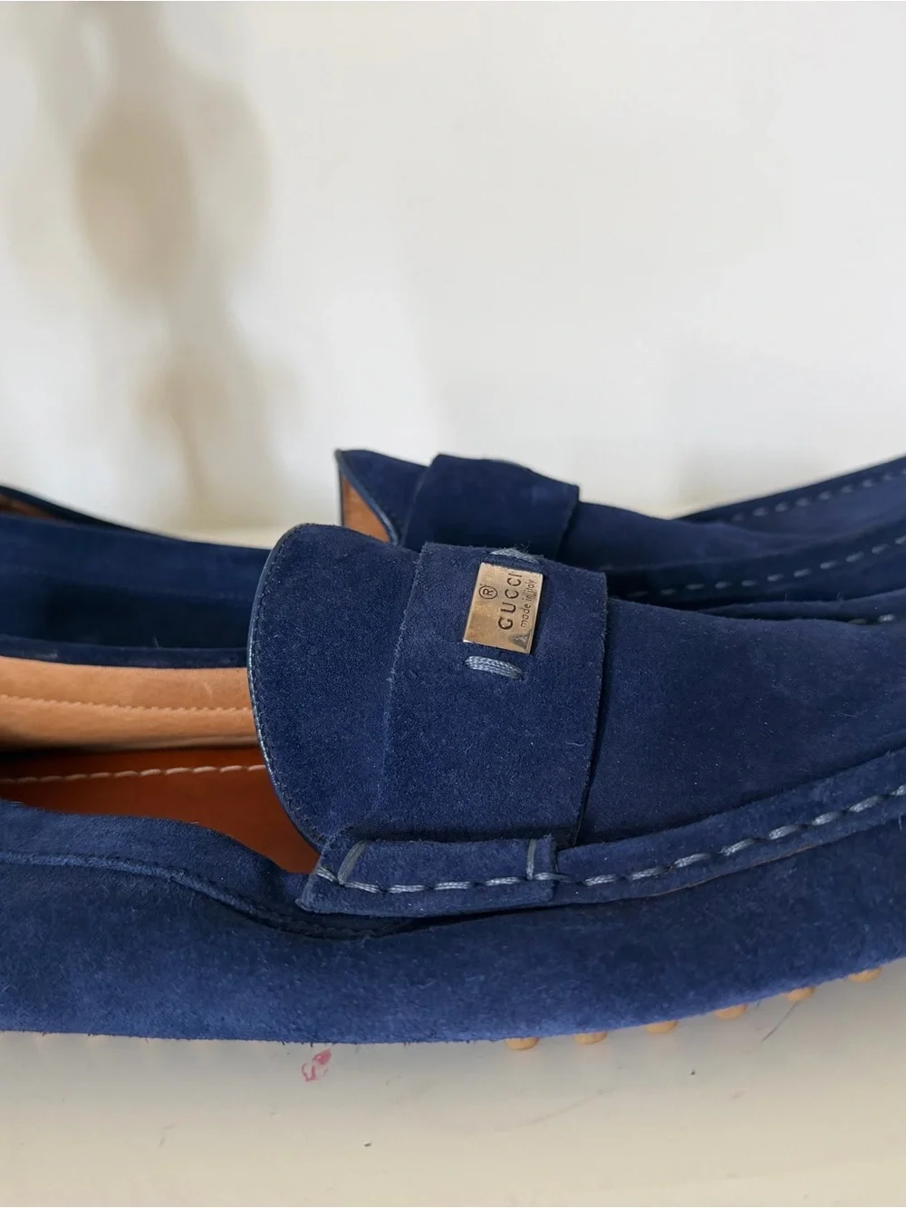 Gucci Men’s Navy Suede Loafers with Silver Logo Plaque
